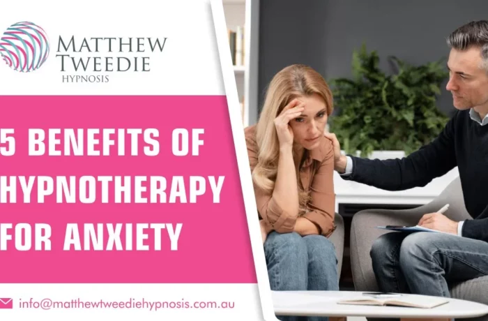Composite graphic with the MTH logo and wording listing five benefits of hypnotherapy for anxiety, beside a photograph of Matthew seated next to a woman holding her hand to her head.
