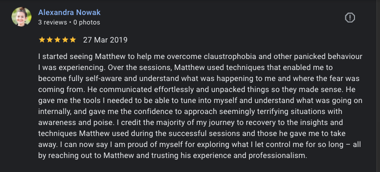 Client review from Alexandra Nowak for Matthew Tweedie Hypnosis
