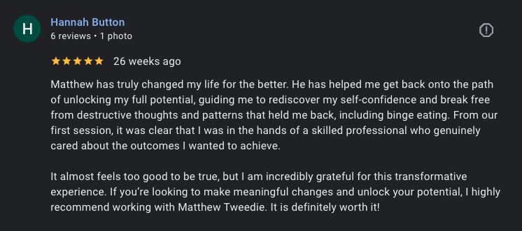 Client review from Hannah Button for Matthew Tweedie Hypnosis