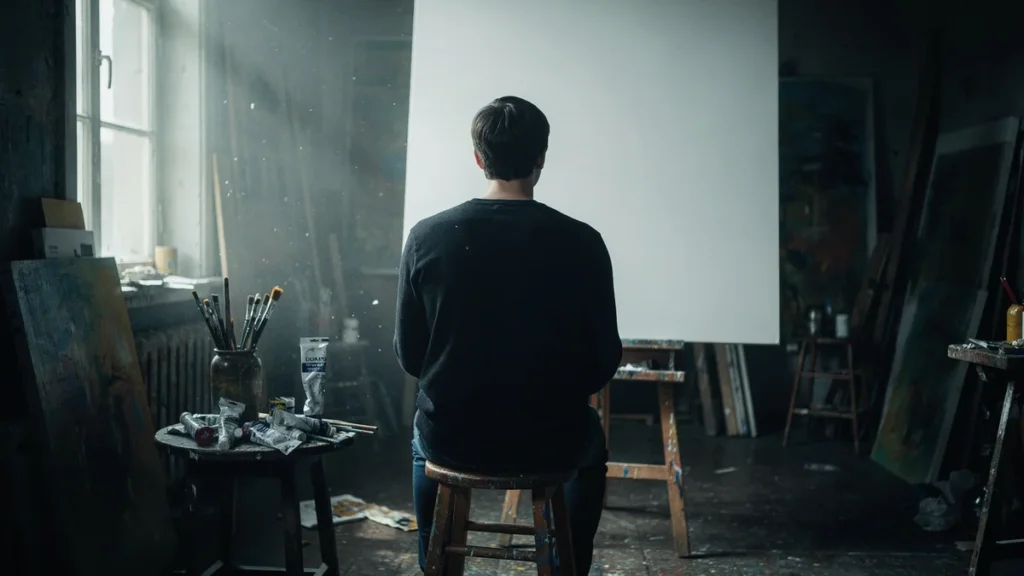 A lone figure seated from behind facing a large blank canvas on an easel in a dim studio lit by a tall window