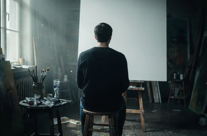 A lone figure seated from behind facing a large blank canvas on an easel in a dim studio lit by a tall window