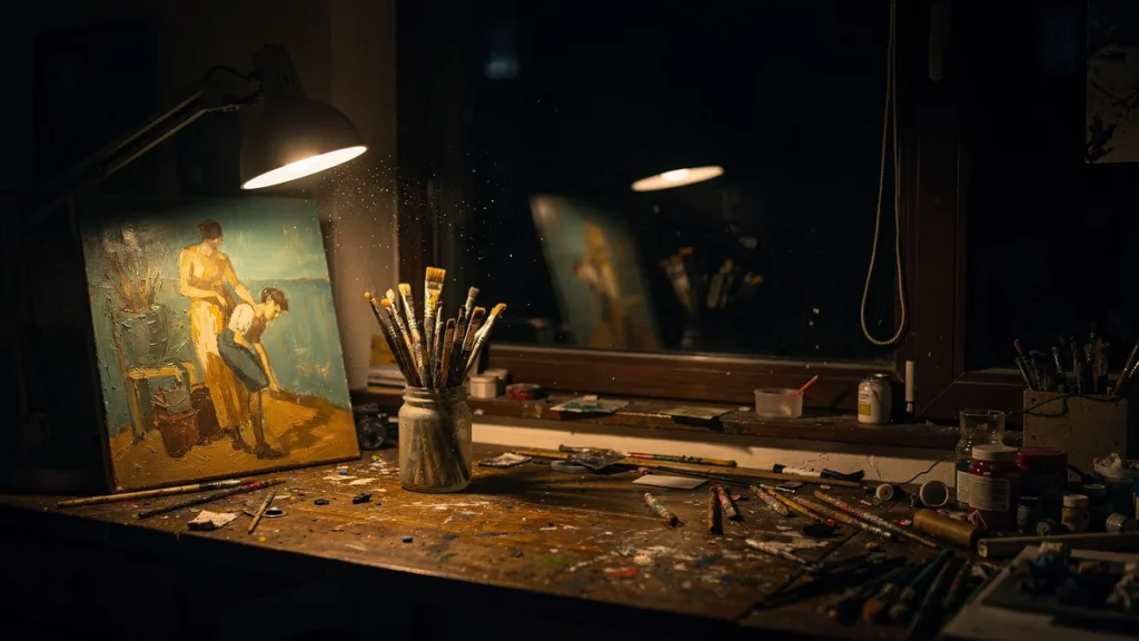 A dim studio desk at night lit by one lamp, with an unfinished painting and brushes, and a dark window reflecting the room back