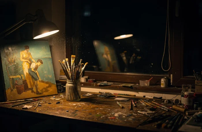 A dim studio desk at night lit by one lamp, with an unfinished painting and brushes, and a dark window reflecting the room back