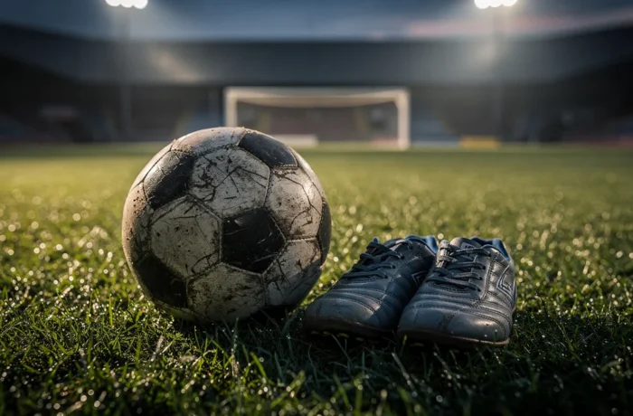 A worn soccer ball and a pair of small sports boots on dewy grass of an empty floodlit pitch at dusk