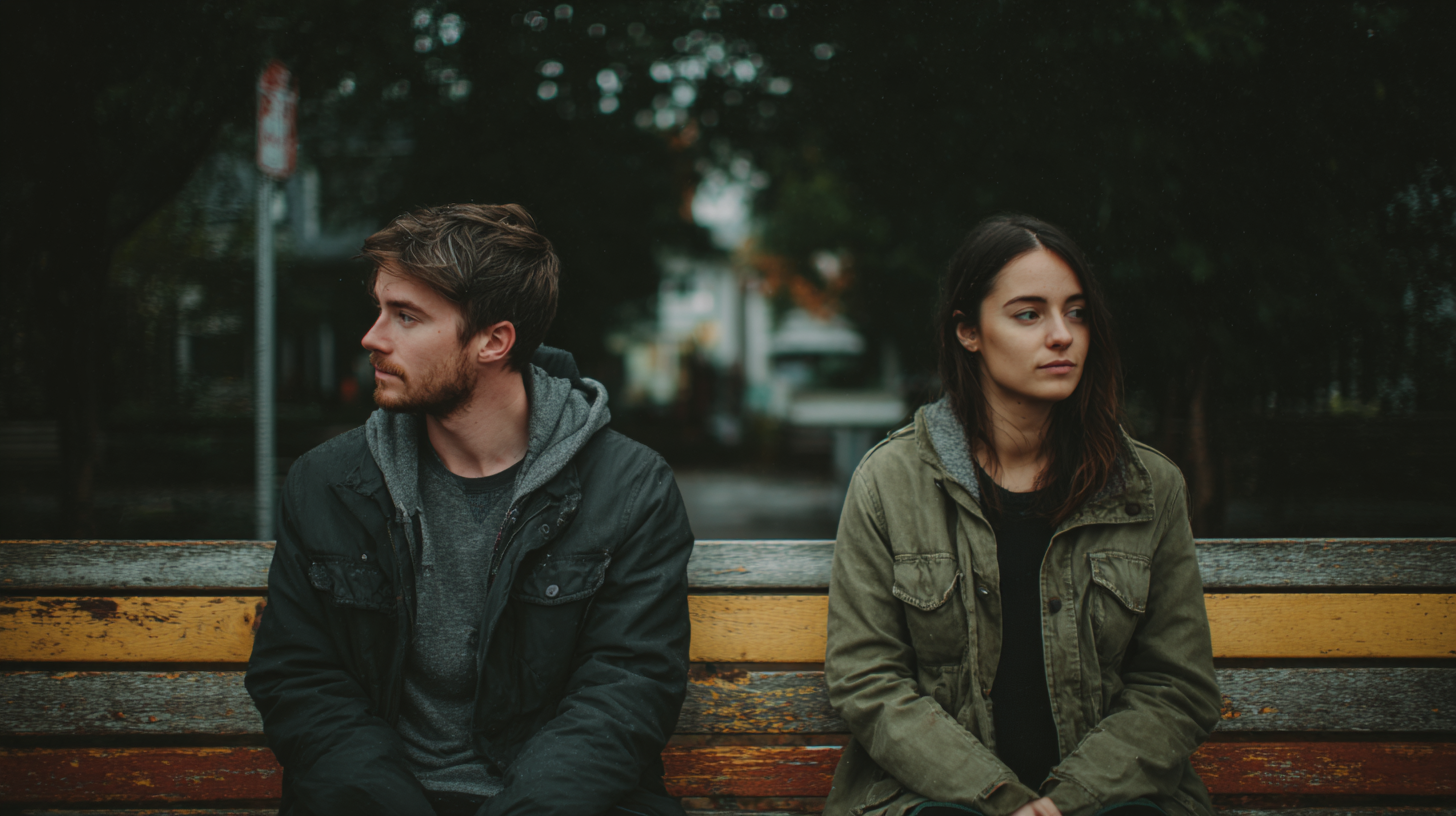 A couple sitting side by side on a bench with visible distance between them