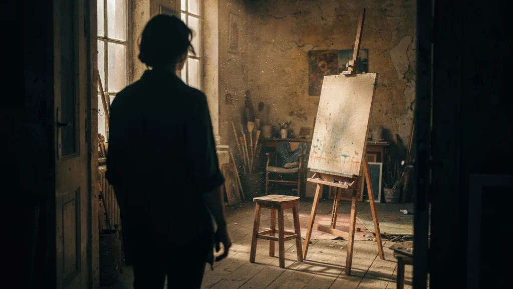 A figure seen from behind standing in the doorway of a sunlit studio, looking toward an empty easel and stool