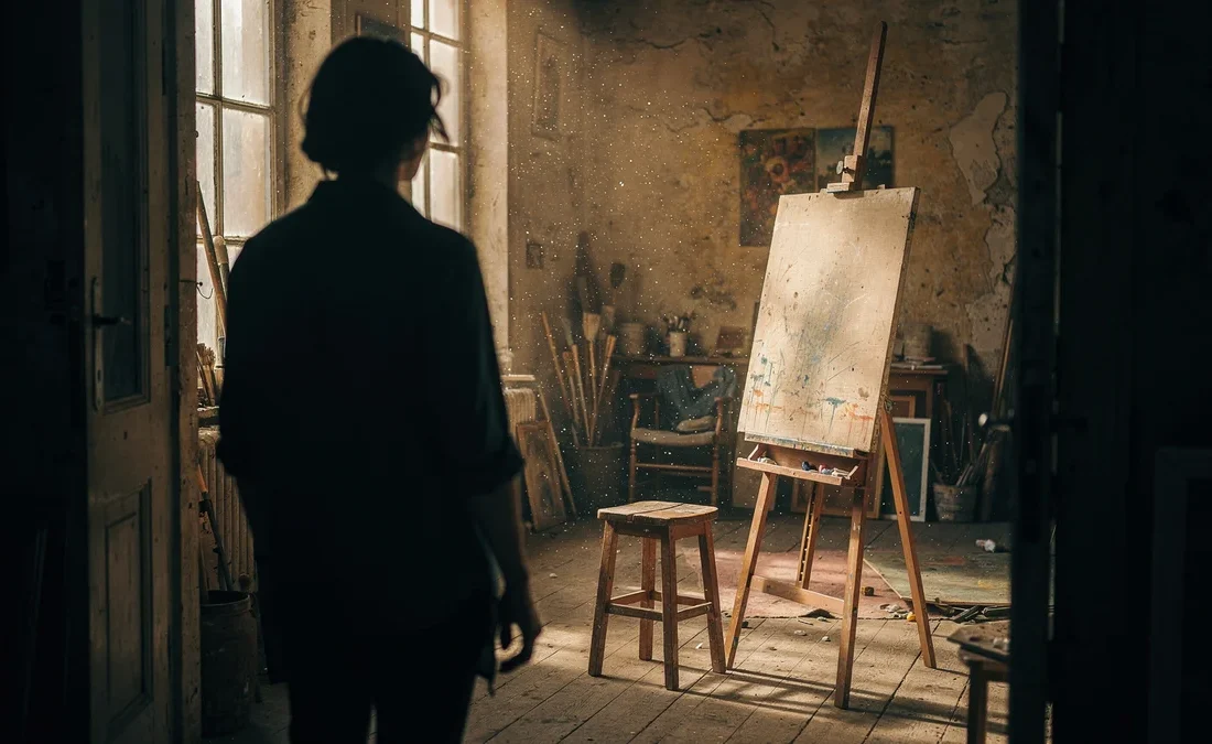 A figure seen from behind standing in the doorway of a sunlit studio, looking toward an empty easel and stool