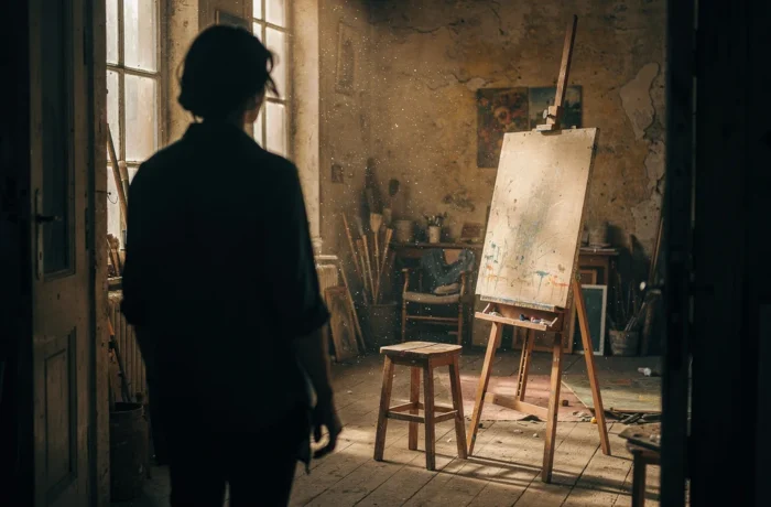 A figure seen from behind standing in the doorway of a sunlit studio, looking toward an empty easel and stool