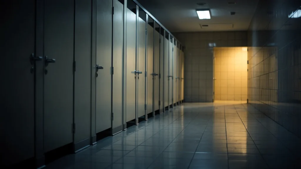 An empty, softly lit public restroom corridor with a row of closed cubicle doors receding into shadow