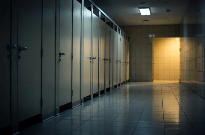 An empty, softly lit public restroom corridor with a row of closed cubicle doors receding into shadow