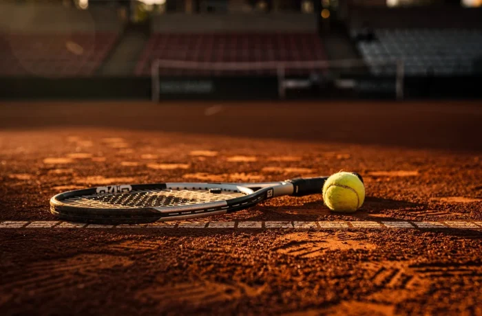A tennis racquet and ball resting on a clay court baseline at golden hour with long shadows