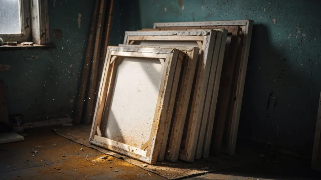 A stack of canvases leaning face-to-the-wall in a studio corner with dust settled on their top edges
