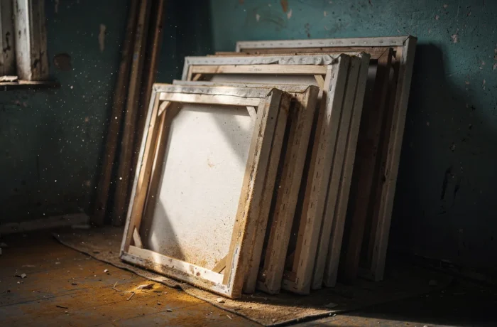 A stack of canvases leaning face-to-the-wall in a studio corner with dust settled on their top edges