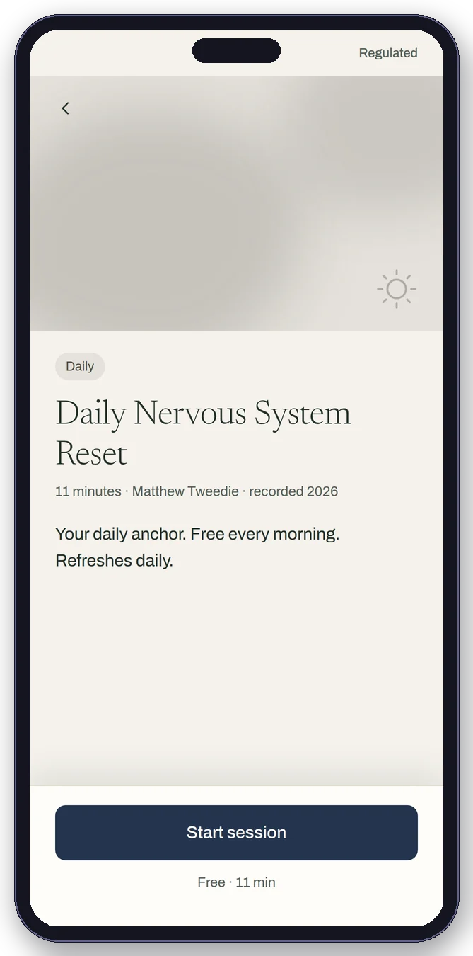 Regulated app session screen on a phone: Daily Nervous System Reset, 11 minutes, Free, Start session