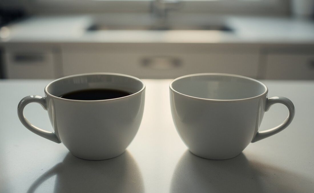 Two plain coffee cups on a softly lit kitchen bench, one full and one empty.