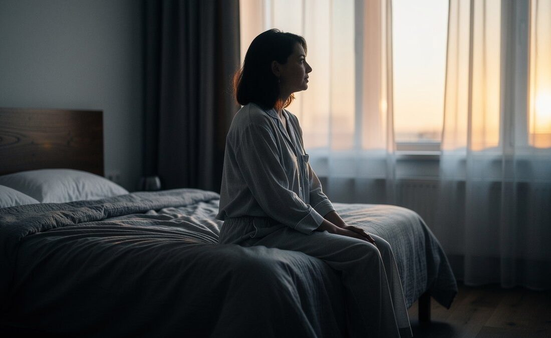 A person sitting on a bed beside a softly lit window at dawn.