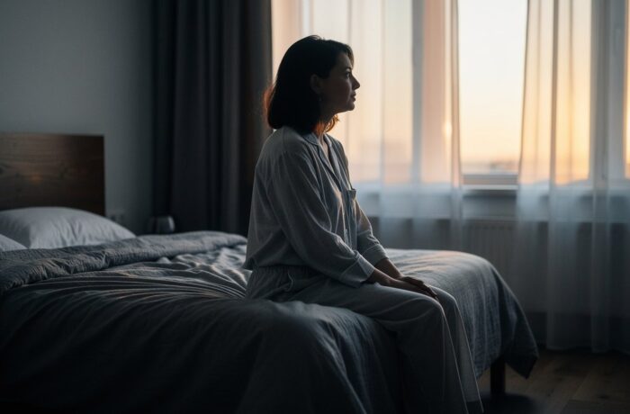 A person sitting on a bed beside a softly lit window at dawn.