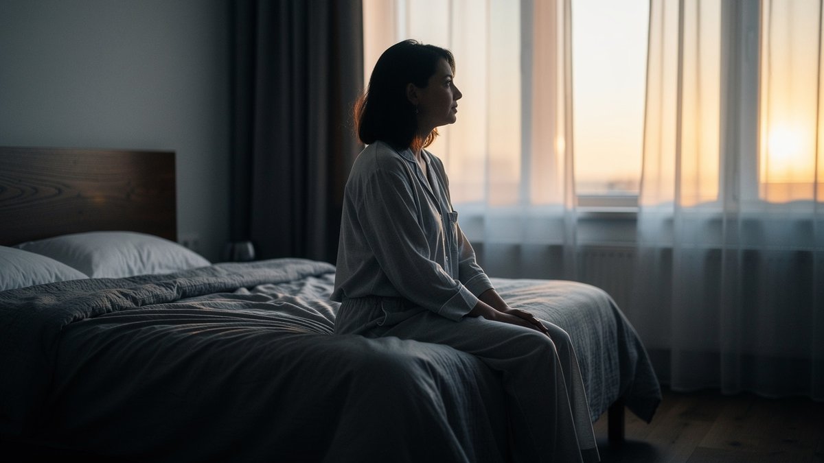 A person sitting on a bed beside a softly lit window at dawn; illustration accompanying an article about hypnotherapy for insomnia.